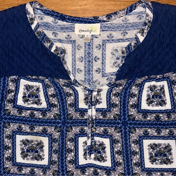 Anthropologie Porridge Belmar Blue Floral Geometric Print 3/4 Sleeve Blouse - Picture 4 of 13